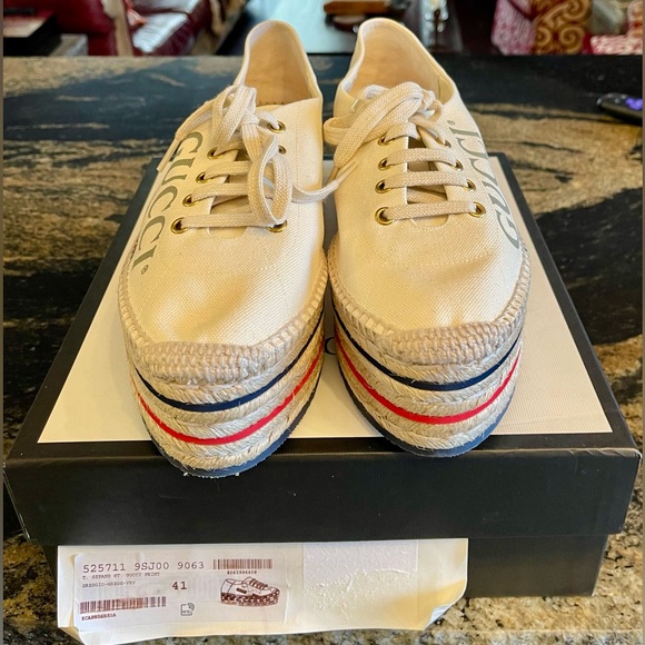 Gucci 41,10.5 Greggio Canvas Lace-Up Platform Espadrilles Shoes NWT - Picture 5 of 11